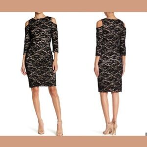 Eliza J Black & Nude Lace Long Sleeve Cold Shoulder Dress Size 8